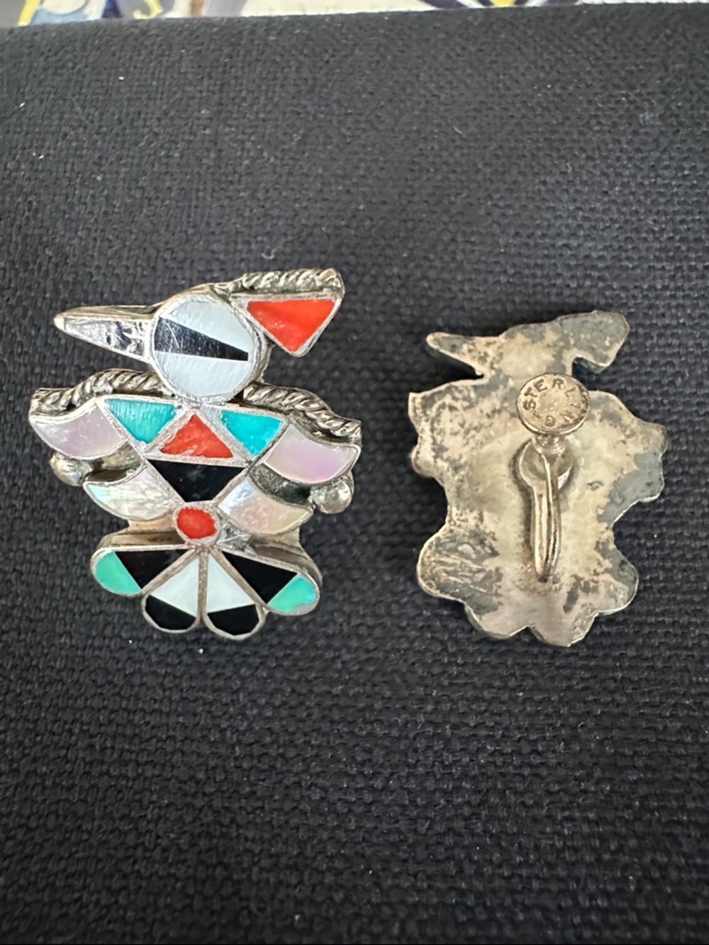 Native American Zuni Thunderbird Earrings - Multicolor stones Sterling Silver